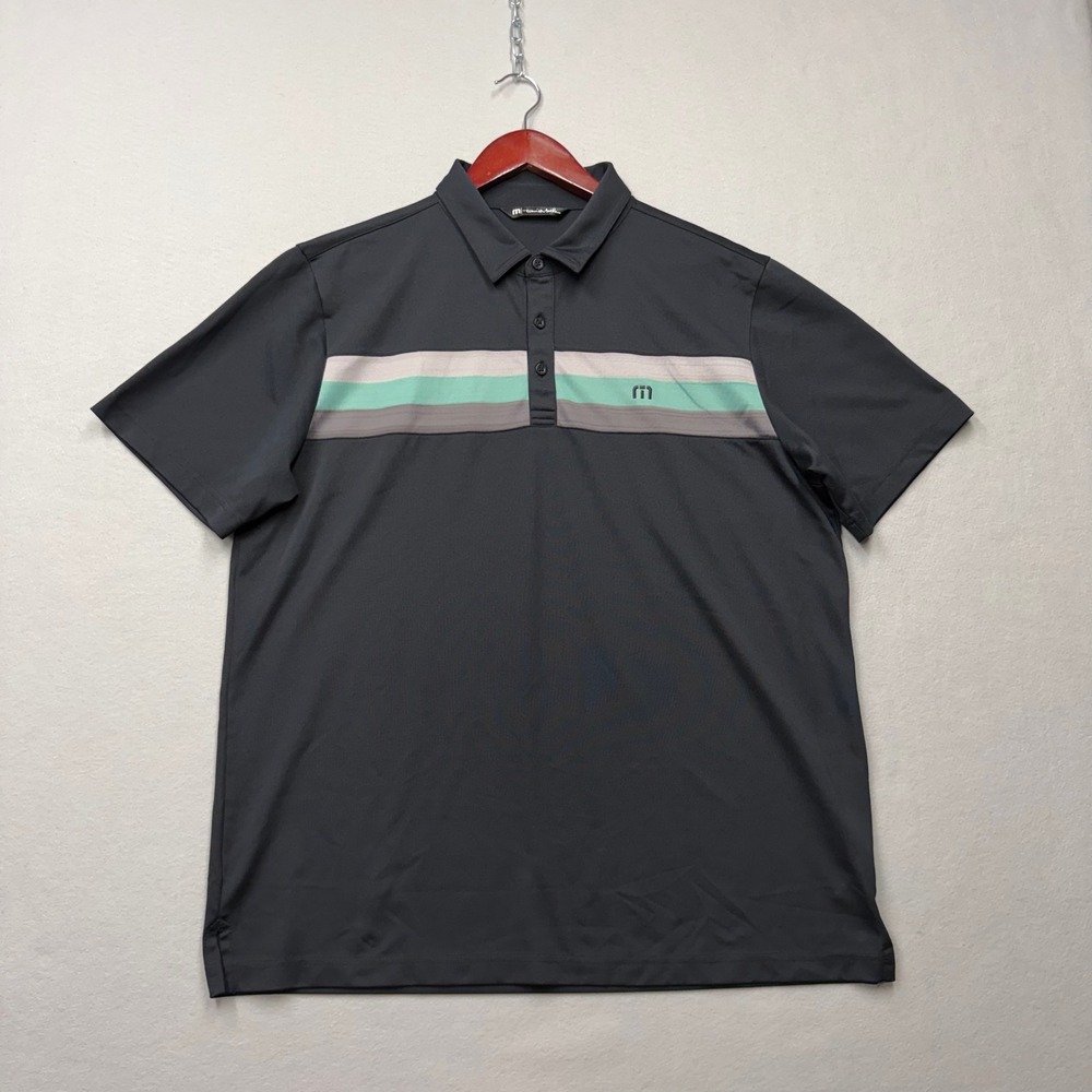 TravisMathew Polo Shirt Mens XL Black Gray Mint Stripe Performance Golf Top